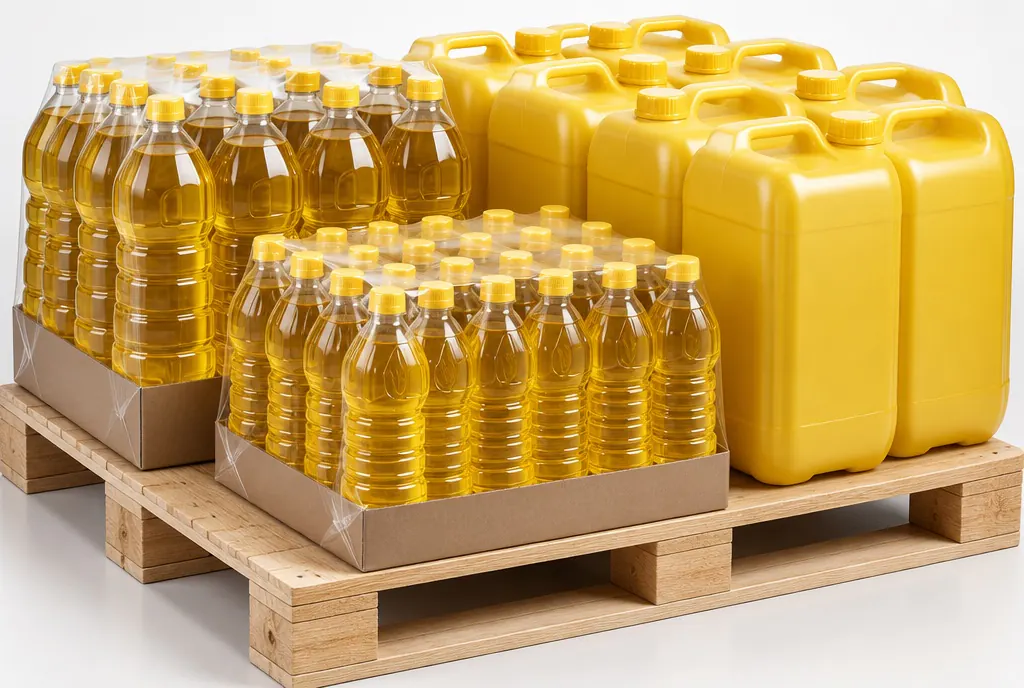 Refined sunflower oil bottled and packed for distribution