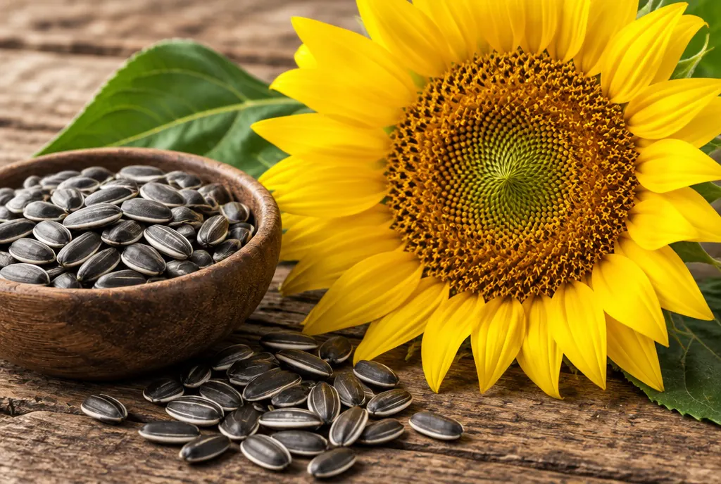 Sunflower seeds and a sunflower head